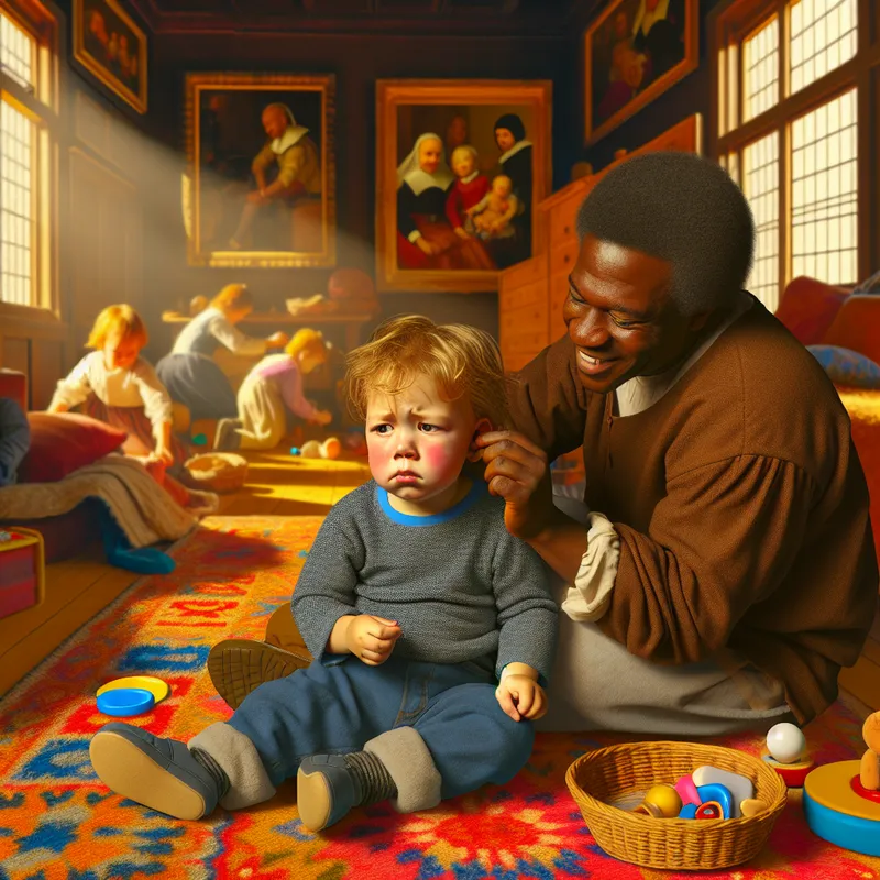 Een klein kind zit op een kleurrijk tapijt in een levendige woonkamer, kijkend naar een ouder die een speen vasthoudt.