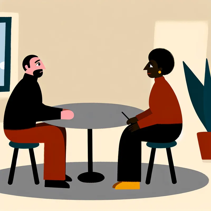 Twee mensen zitten aan een ronde tafel en voeren een gesprek in een eenvoudige, lichte ruimte.