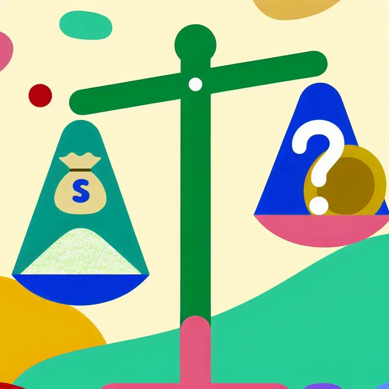 Een kleurrijke illustratie van een weegschaal met een zakje suiker, een gouden munt en een vraagteken, die de waarde en intensiteit symboliseert.