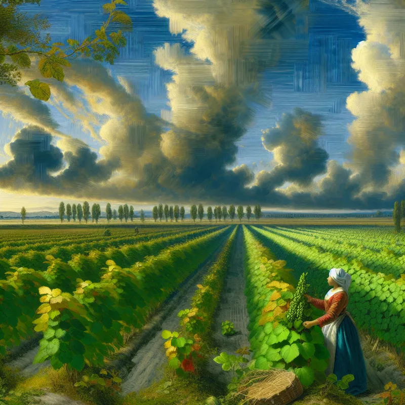 Een boer inspecteert gezonde, groene bladeren in een weelderig landschap, met een dynamische lucht op de achtergrond.