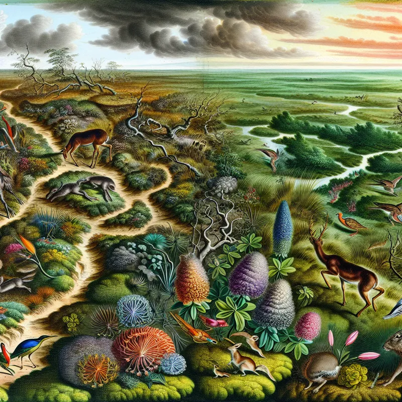 Een weelderig moeraslandschap met unieke vegetatie en dieren, waaronder een hert, konijnen en kleurrijke vogels.
