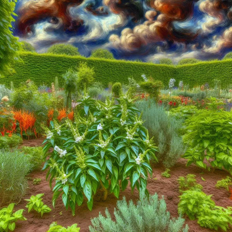 Een weelderige tuin met een centrale peperplant, omringd door kleurrijke kruiden en rijk aarde, onder een dramatische Barokluch.