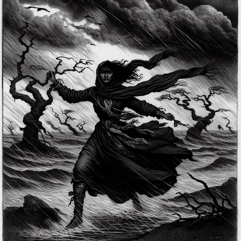 Vastberaden vrouw in 19e-eeuwse kleding trotseert storm en regen, symboliserend de Nederlandse uitdrukking 'weer en wind trotseren'