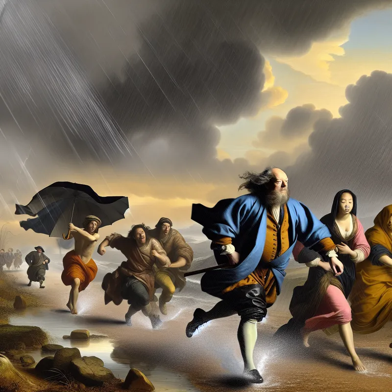 Barokke scène van een vastberaden groep mensen die door stormachtig weer loopt, met een omgekeerde paraplu en dramatische luchten, symbool voor doorzettingsvermogen en herhaling