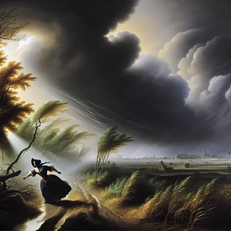 17e-eeuws Hollands landschap met een persoon die vastberaden door een stormachtig veld loopt, tegen regen en wind in, symbool voor doorzettingsvermogen