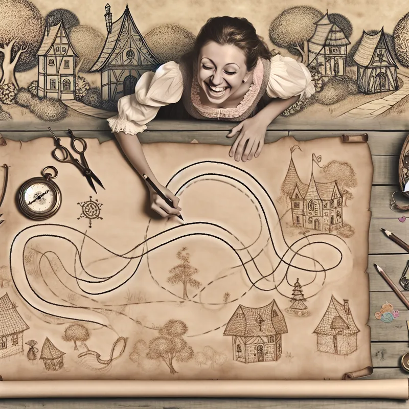 Een vogelperspectief van een jonge vrouw die een routekaart op perkament tekent, omringd door artistieke gereedschappen in een charmante vintage omgeving.