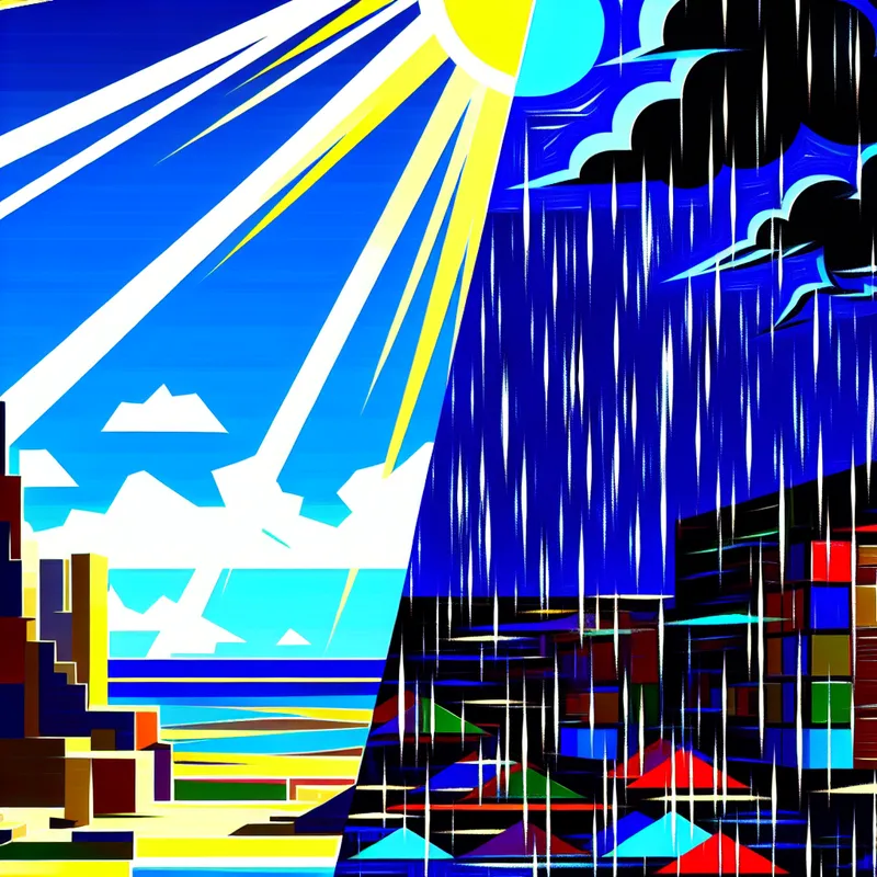 Een opvallend beeld van een weermaalscène die mogelijkheden en verandering symboliseert, met een futuristische stad en een gesplitst landschap tussen zonneschijn en regen.