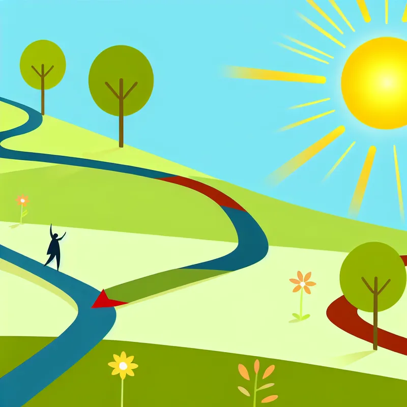 Minimale illustratie van een kronkelige weg die naar een heldere horizon leidt, met kleurrijke bomen en bloemen.