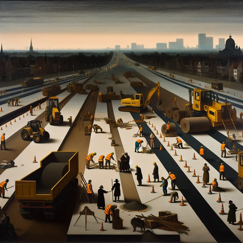 Constructiewerkers meten en markeren de weg in een stad met zware machines in een bouwgebied.