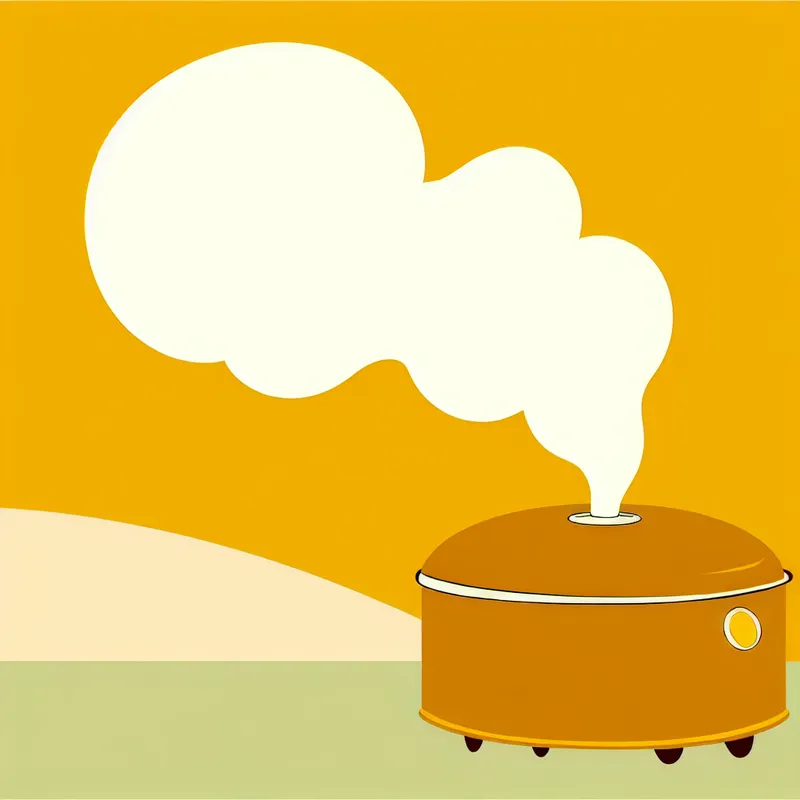 Minimalistische illustratie van een ronde boiler met losse deksel waar witte stoom uit weglekt in zachte krullen