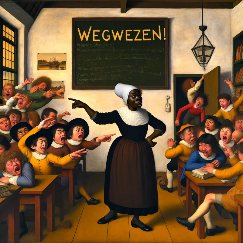 Klaslokaal in chaotische stijl van Jan Steen waar leraar 'Wegwezen!' roept tegen leerlingen die haastig vertrekken