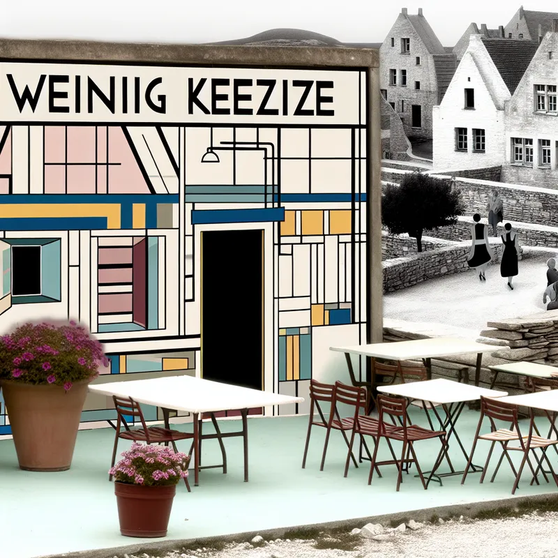 Retro-futuristic restaurant in a quaint village with a sign reading 'Weinig keuze' and sparse outdoor seating, emphasizing limited menu options.