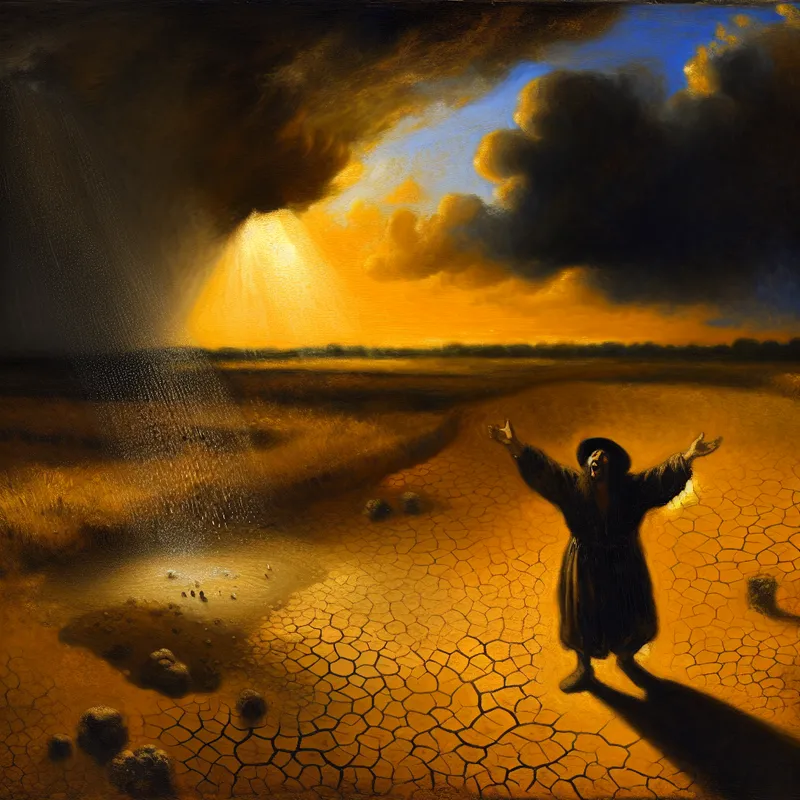 Boer met uitgestrekte armen geniet van de eerste regendruppels na een lange droge zomer, symbolisch voor een welkome verrassing