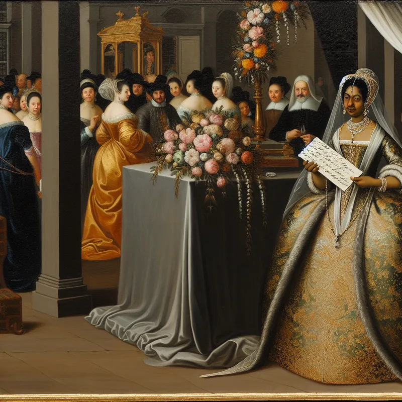 Elegantly dressed woman at a wedding altar holding a card with handwritten wishes for the couple.