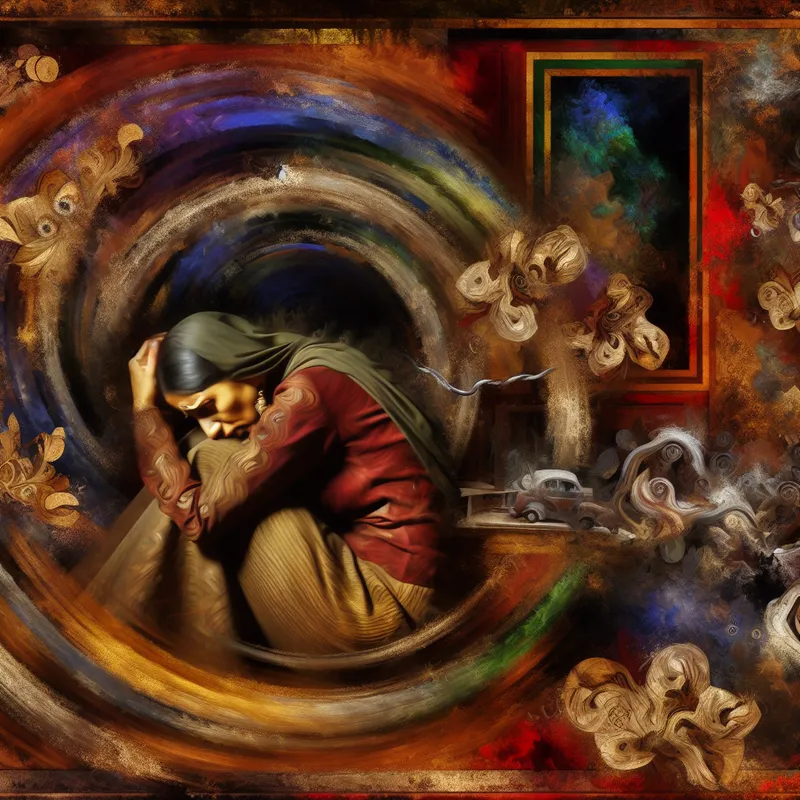 Vrouw omringd door een kolkende wereld van verdriet in de levendige stijl van Jan Steen, symboliserend een overweldigende hoeveelheid emotionele last