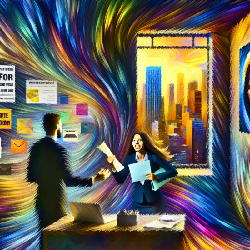 Een jonge professional ontvangt glimlachend een werkaanbiedingsbrief van een hiring manager in een kleurrijk kantoor.