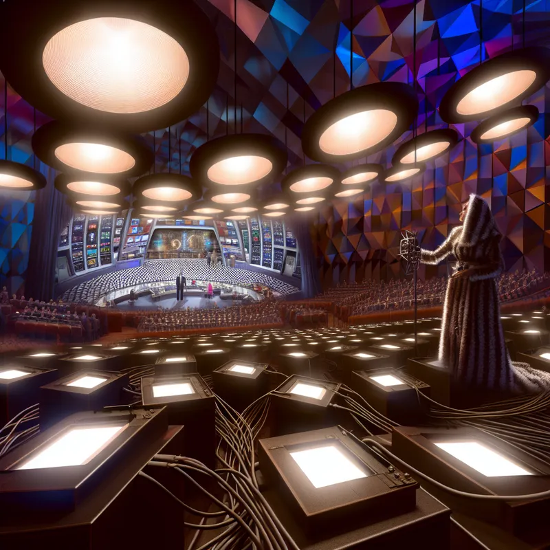 Hyperrealistische surrealistische weergave van een televisie-opnamestudio met presentator, camera en controlekamer, geïnspireerd op Carel Willink