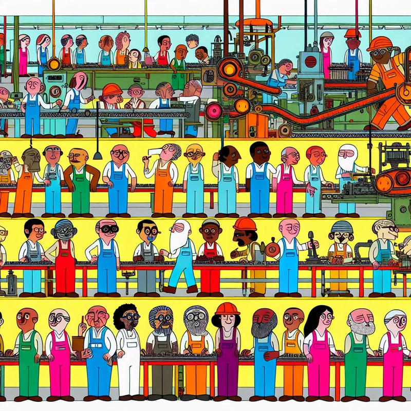 Een cartoonachtige afbeelding van verschillende werknemers in kleurrijke overalls in een drukke fabriek.