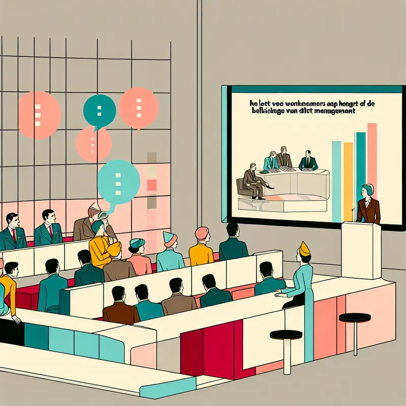 Een retro-futuristische kantooromgeving met nervieuze werknemers die naar een groot scherm kijken met managementbeslissingen