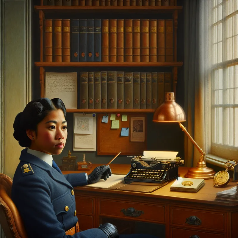 Gedetailleerde werkplek van een professional zoals een journalist of politieagent met een vintage typemachine, notitieblok en bureau-accessoires in een verfijnde stijl