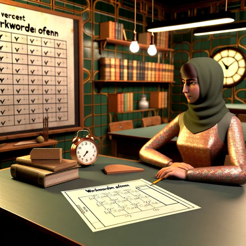 Student maakt huiswerk voor werkwoordvervoeging in een retro-futuristische klas met geometrische boekenplanken en een schoolbord met een werkwoordenlijst