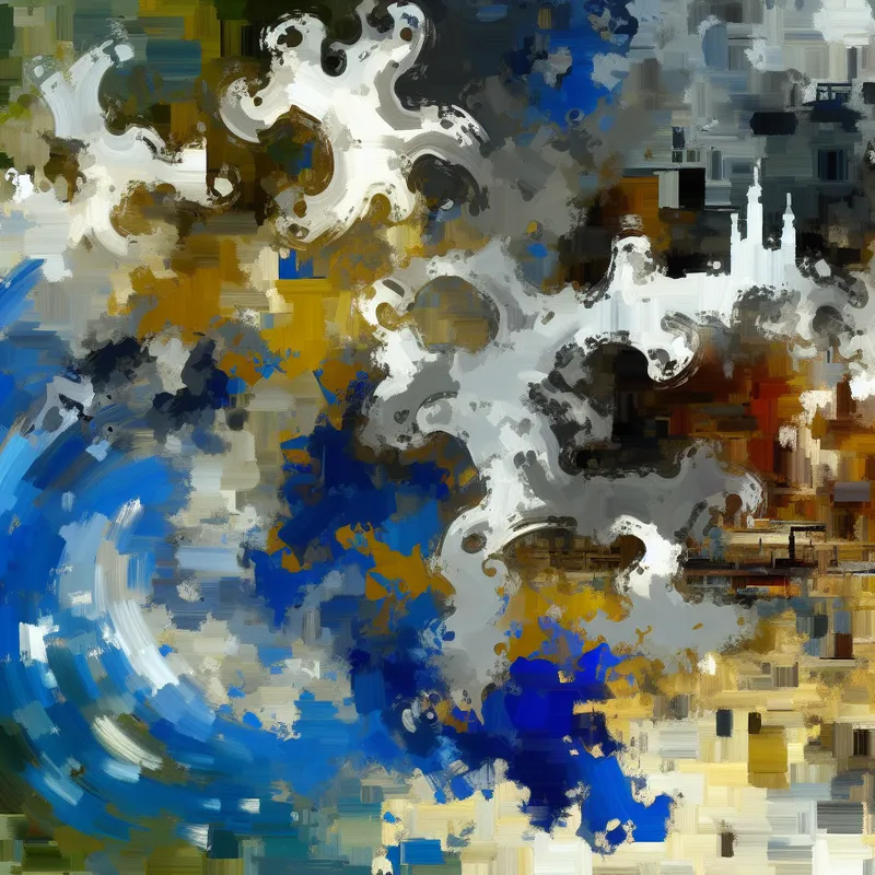 Abstract expressionistisch schilderij van het westelijk gebied van Nederland met Amsterdam, regenachtige luchten en warme stedelijke tinten