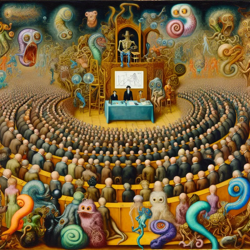 Een grote menigte op een wetenschappelijk congres luistert gefascineerd naar een presentatie op een surrealistisch podium, omringd door bizarre wezens.