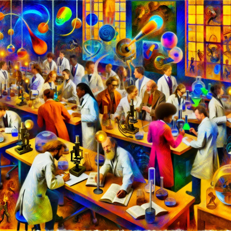 Vibrant painting of scientists in a modern laboratory engaged in experiments and discussions