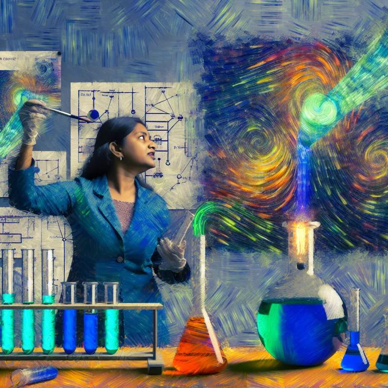 Een wetenschapper in een laboratorium voert een experiment uit met kleurrijke vloeistoffen in bekers en reageerbuisjes.