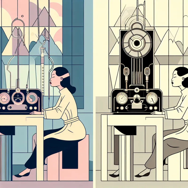 Een wetenschapster in een moderne laboratorium met een hor, dat scherpe visuele en auditieve metingen toont, omgeven door retro-futuristische elementen.