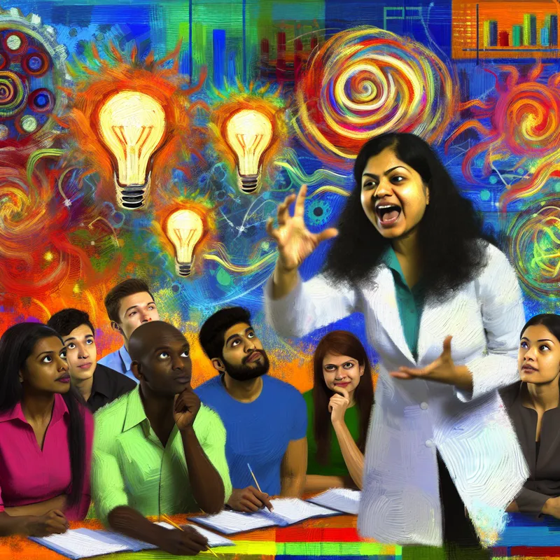 Een opwindende afbeelding van een wetenschapper die een innovatieve benadering uitlegt aan een groep studenten in een kleurrijk laboratorium.