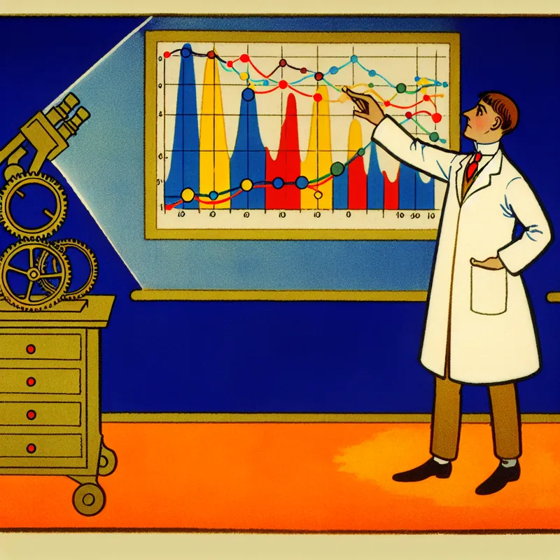 Illustratie van een wetenschapper in een labjas die zelfverzekerd naast een kleurrijke grafiek staat, die gegevens ter ondersteuning van een theorie presenteert.