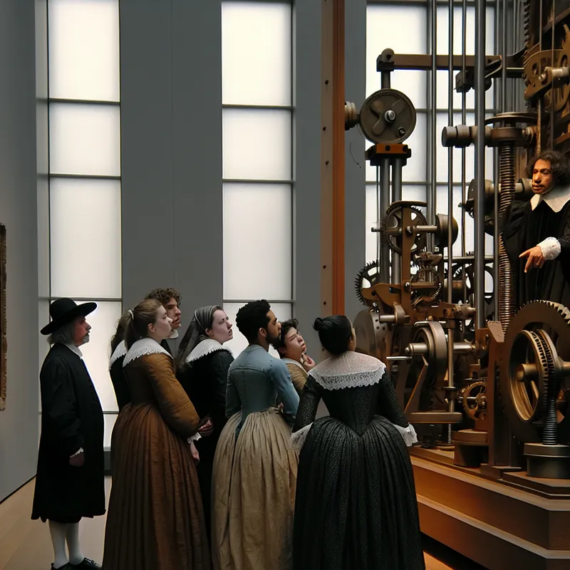 Wetenschapper demonstreert een complexe machine aan studenten in historische kleding in een elegante tentoonstellingsruimte.