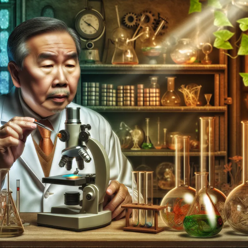 Een wetenschapper kijkt door een microscoop in een gezellige laboratoriumomgeving met labapparatuur en boeken op de achtergrond.