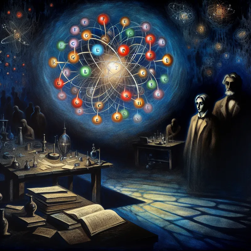 Illustratie van wetenschappers in een duister laboratorium met een gloeiend model van een proton en kleurrijke quarks