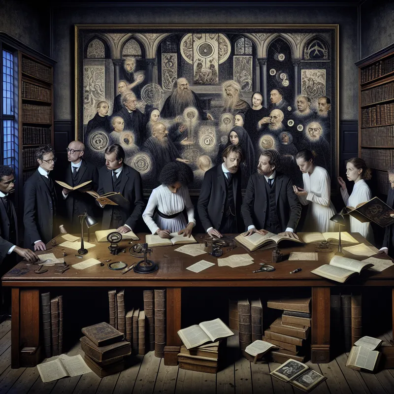 Een groep wetenschappers kijkt aandachtig naar een grote, complexe schilderij in een duistere, gotische studeerkamer.