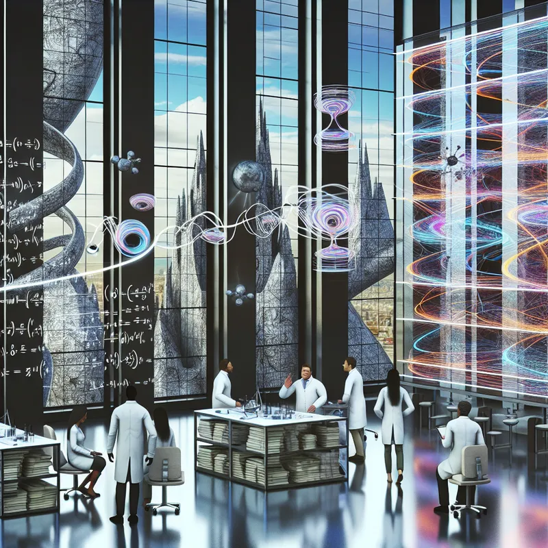 Een hyper-realistisch beeld van wetenschappers in een laboratorium, omringd door bizarre architectonische elementen en een groot krijtbord met complexe formules.