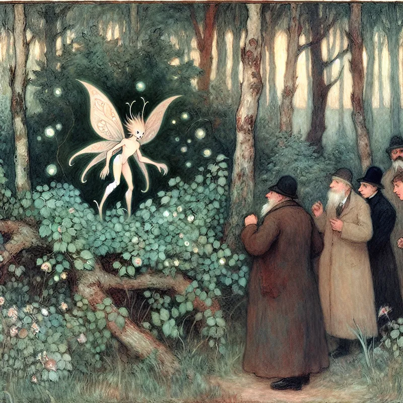 Illustratie van wetenschappers die een nieuw, mystiek wezen ontmoeten in een betoverd bos