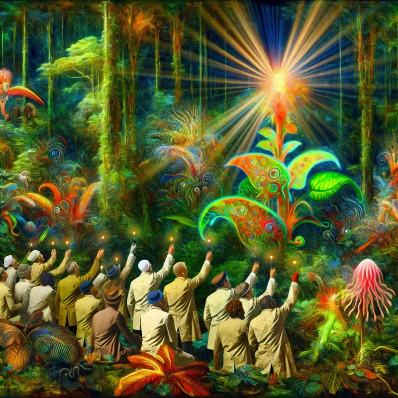 Een groep wetenschappers in ongewone kleding ontdekt een nieuwe, gloeiende plantensoort in een levendige regenwoudomgeving met vreemde wezens die nieuwsgierig toekijken.