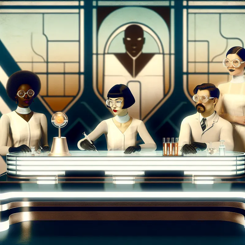 Retro-futuristische illustratie van een groep wetenschappers die een medicijn testen in een modern laboratorium.