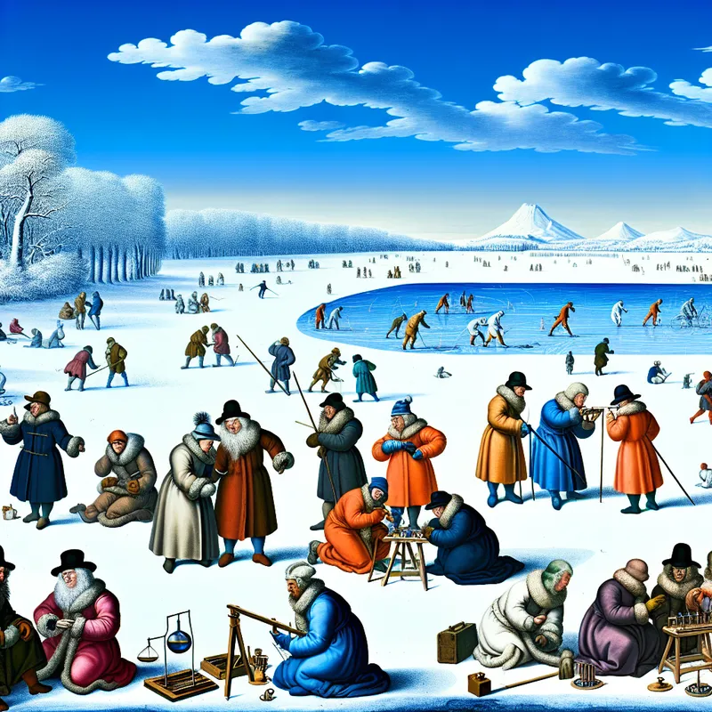 Wetenschappers voeren een experiment uit in een winterlandschap met een bevroren meer op de achtergrond.