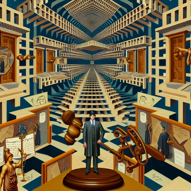 Surrealistische voorstelling van het concept 'recht' als wettelijke geldigheid, geïnspireerd op M.C. Escher, met een symmetrische rechtszaal, optische illusies en juridische symbolen