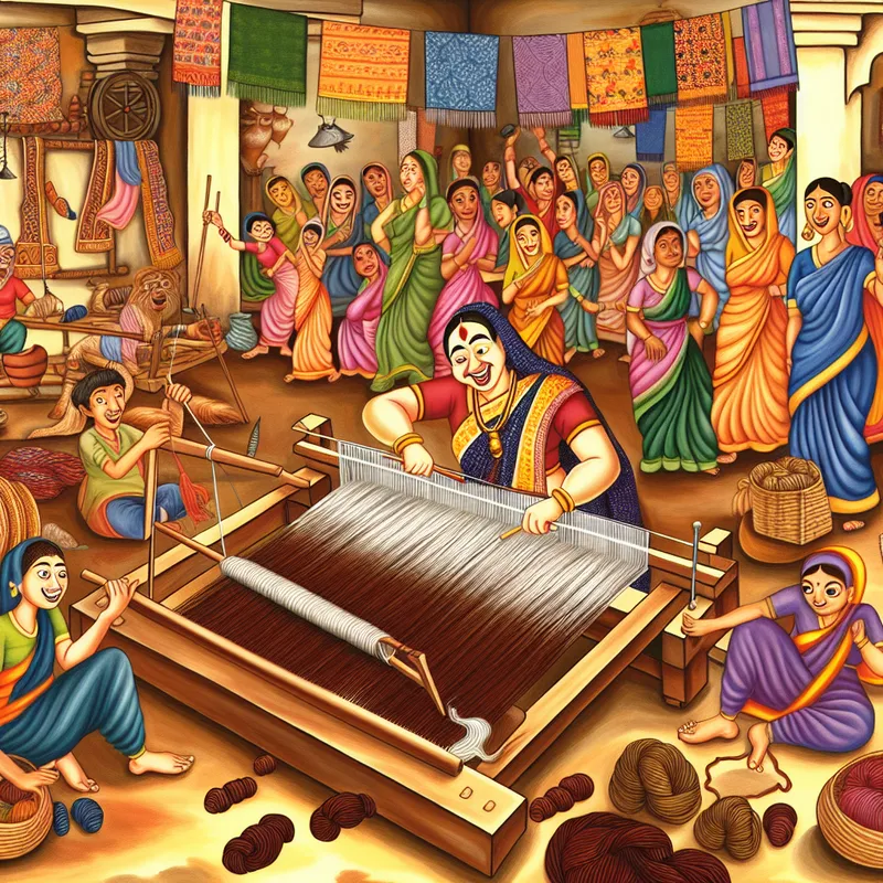 Een kunstenaar weeft kleurrijke draden tot een levendig stofontwerp met blije gezichten om hem heen.