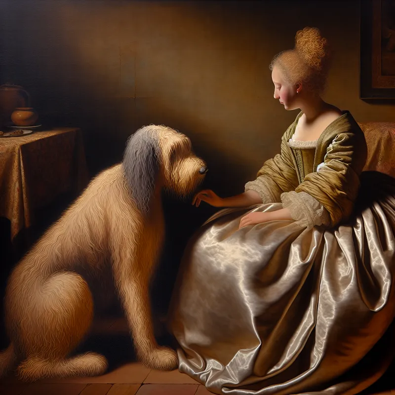 17e-eeuws schilderij van een vrouw die haar trouwe hond aait in een elegant interieur, symboliserend het begrip 'wezen' als levend wezen