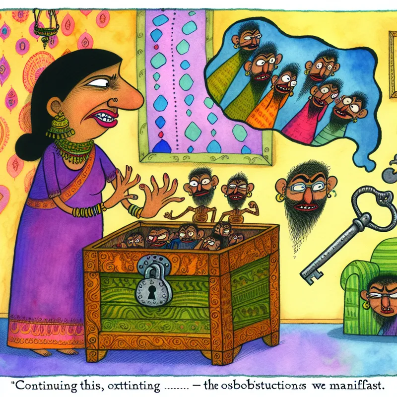 Een cartoonachtige afbeelding van een vrouw in een kleurrijke kamer, omringd door uitdrukkingsvolle cartoonfiguren die haar emoties verbeelden, met een grote houten kist met een zwaar slot.