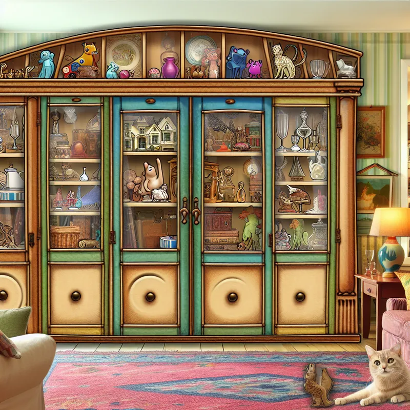 Een kleurrijke kast in een gezellige woonkamer met een nieuwsgierige kat.