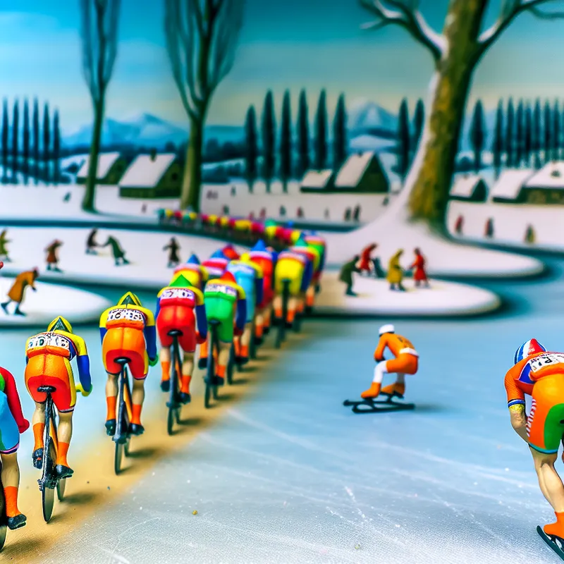 Wielerpeloton in winterlandschap met een eenzame fietser die achterop raakt aan de rug van de groep