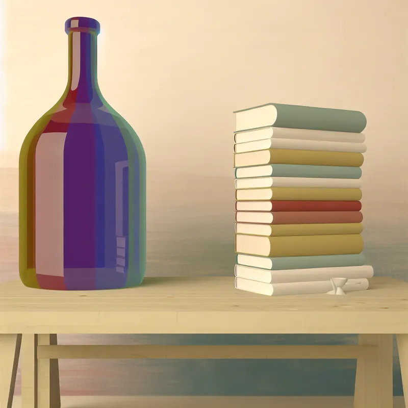 Minimalistische afbeelding van een kleurrijke wijnfles en een stapel boeken op een houten tafel, met een open boek bovenop.