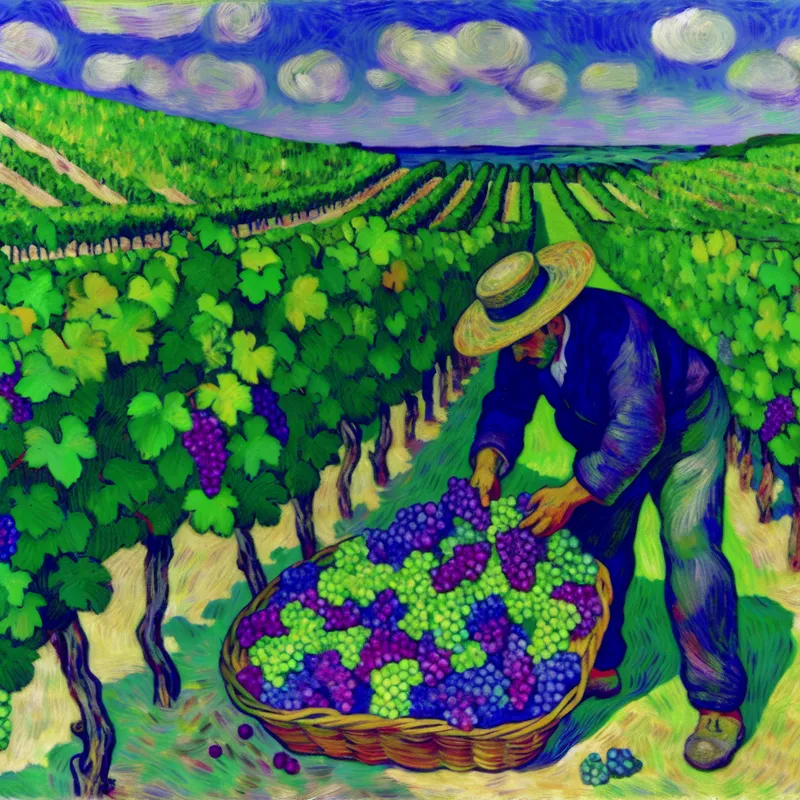 Pittoreske wijngaard in Frankrijk tijdens de druivenoogst, met een boer die rijpe paarse druiven plukt.