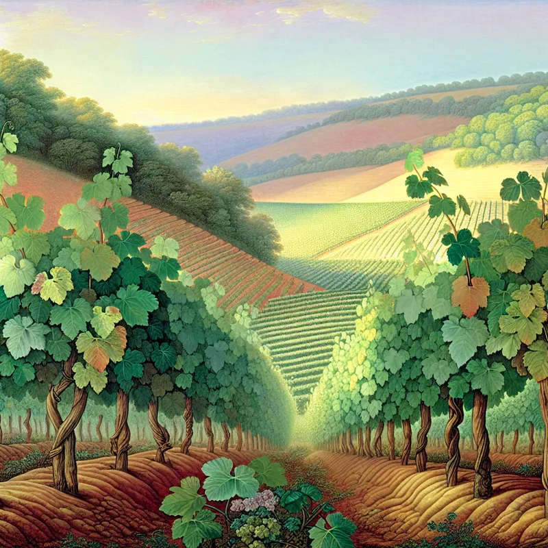 Elegante wijngaard op een zuidelijke helling met glanzende druivenbladeren in de zon.